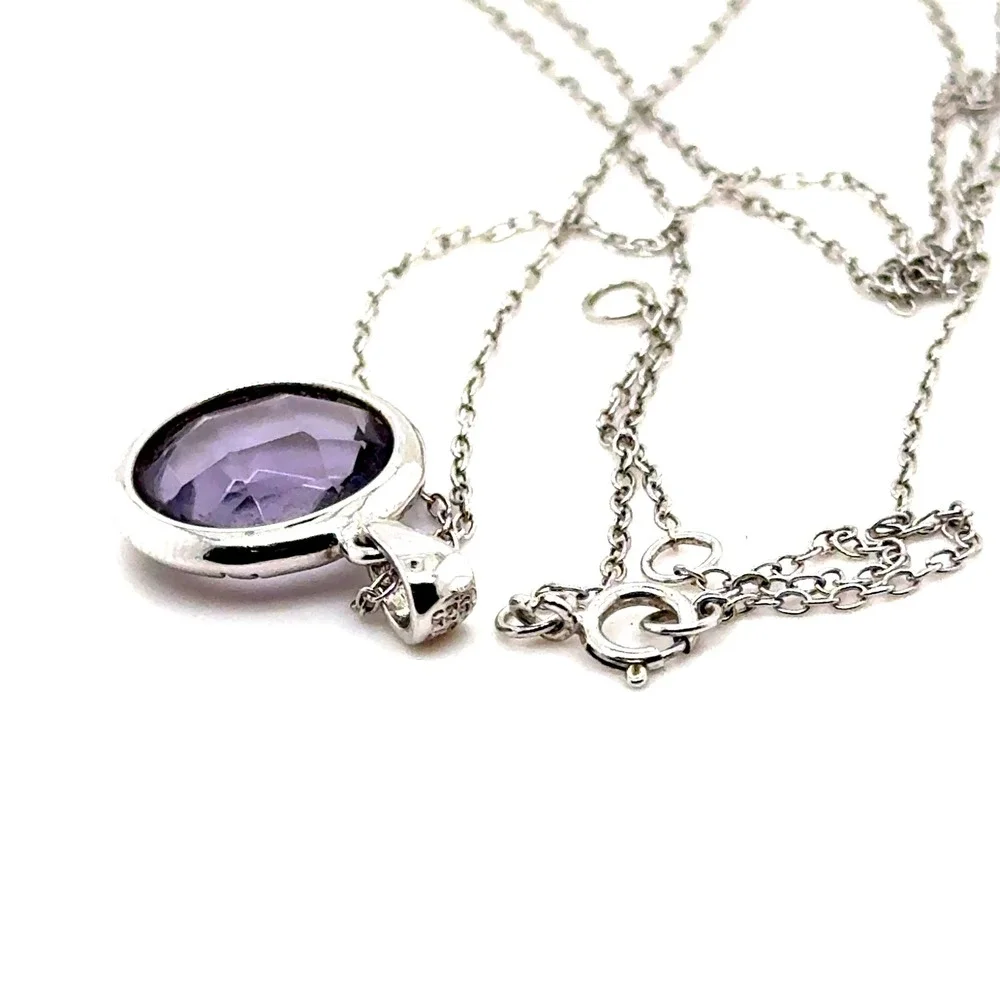 Sterling Silver Purple Amethyst Round Bezel Pendant Necklace Adjustable Chain